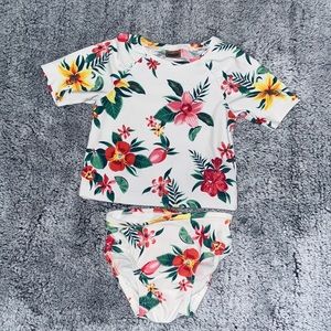 Old navy girls floral print swimsuit. White, red, green and yellow. 12-18 months
